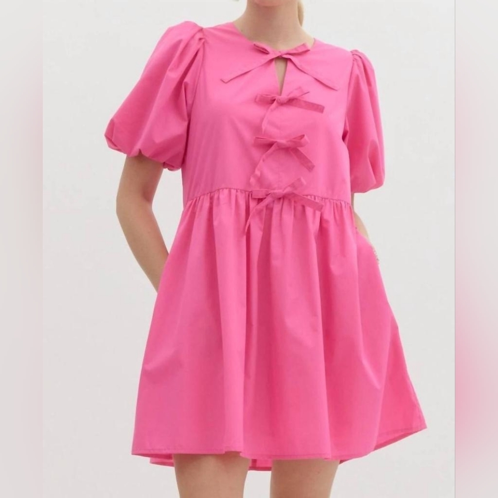 Entro - Bright Pink Tie Bow Front Puff Sleeve Mini Dress Size Small